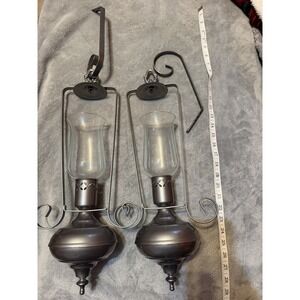 Set of 2 Hanging‎ Wall Candle Lantern Sconces Metal Glass Hurricane